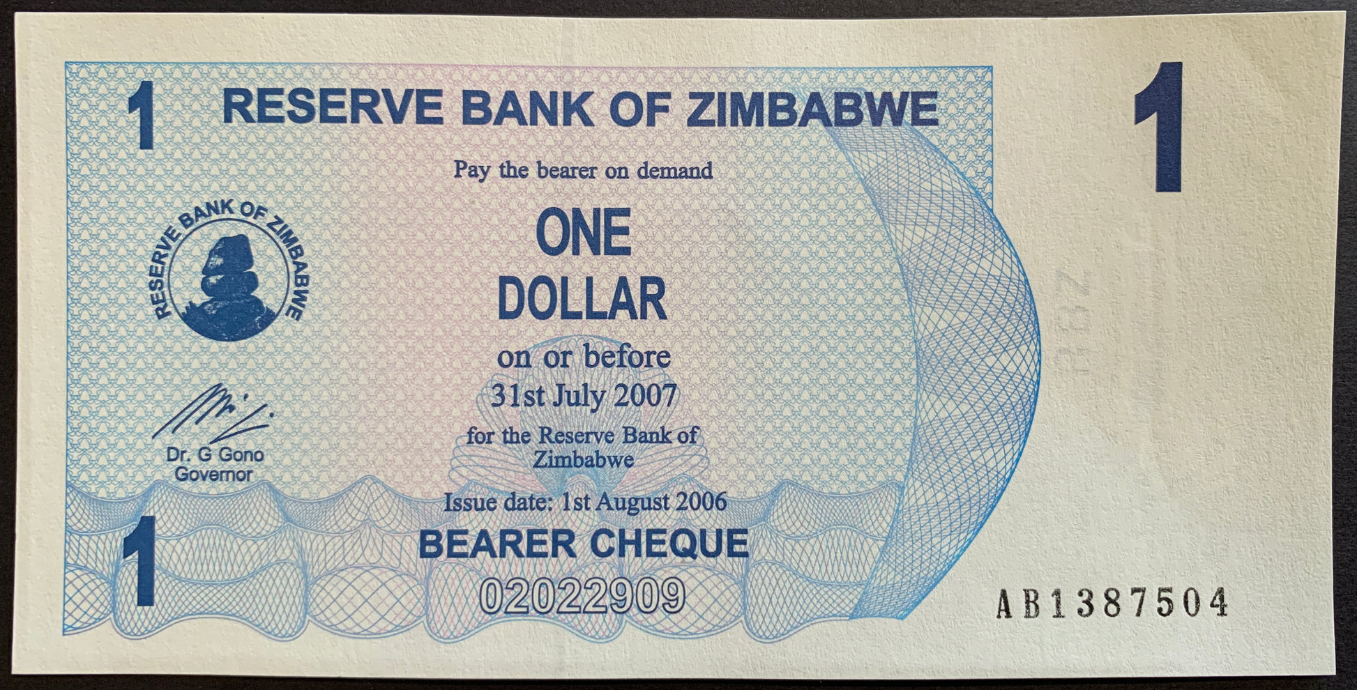 Zimbabwe 1 Dollar 2006 P-37 hyperinflationary banknote