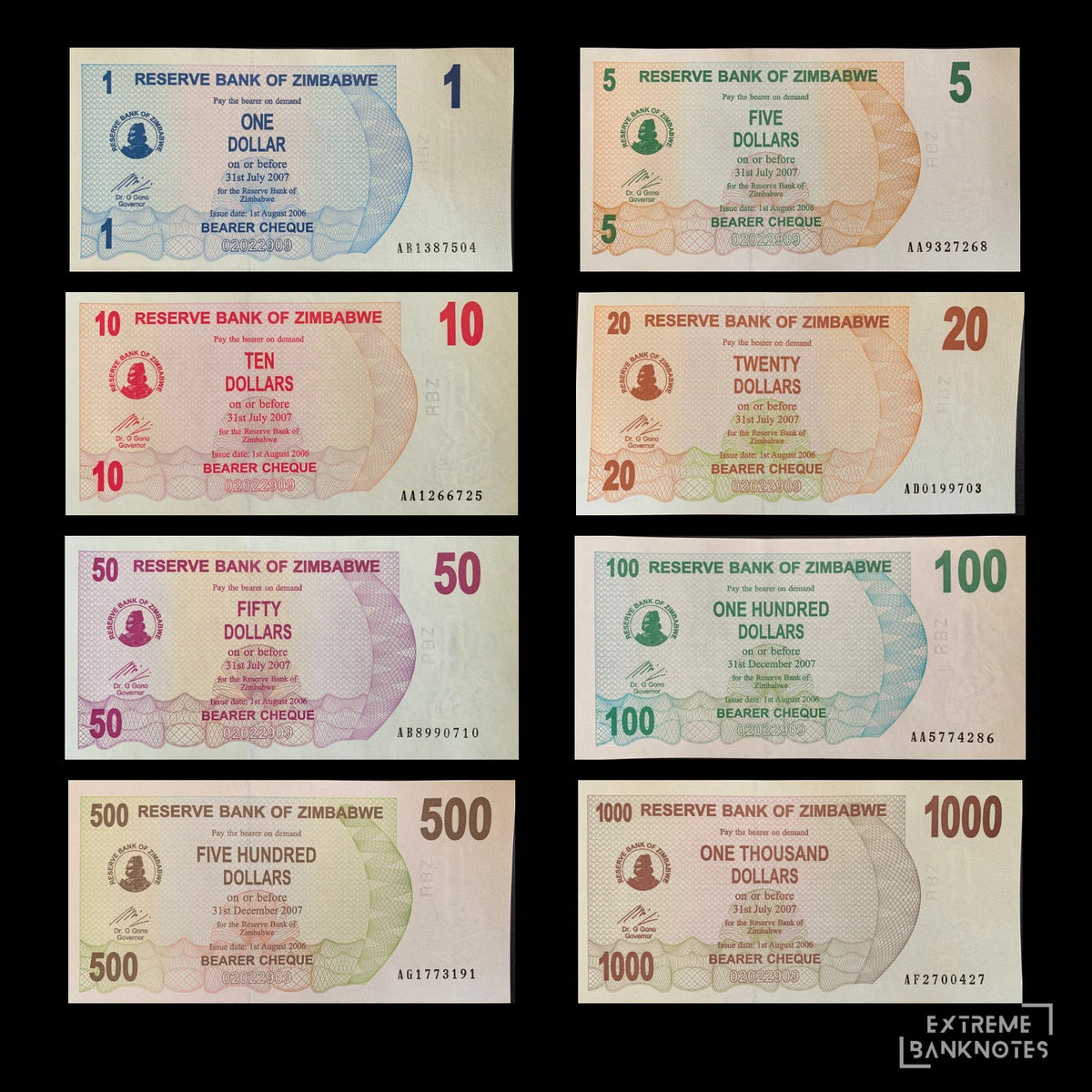 Zimbabwe 2006 UNC Bearer Cheque Bundle • 1–1000 Dollar Notes