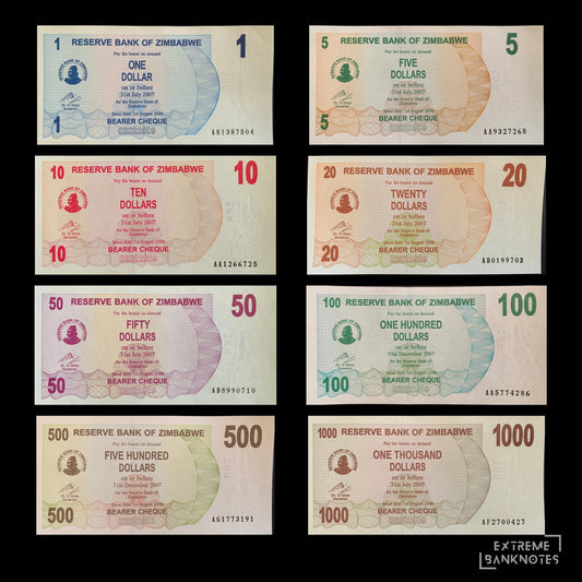 Zimbabwe 2006 UNC Bearer Cheque Bundle • 1–1000 Dollar Notes