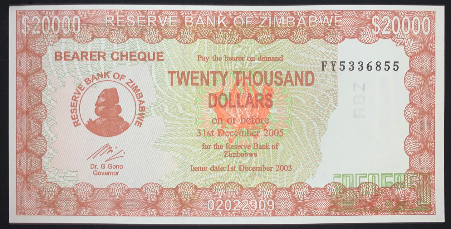 Zimbabwe 20 000 Dollars 2003 P-23 UNC Emergency Bearer Cheque Hyperinflation Banknote from africa