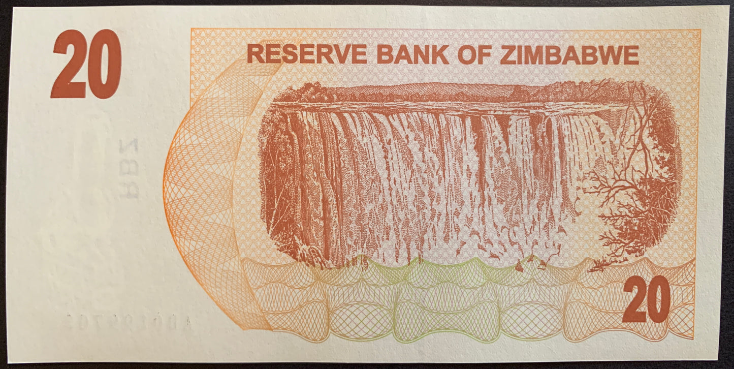 Zimbabwe 20 Dollars 2006 P-40 hyperinflationary bearers cheque with Victoria Falls (Mosi-oa-Tunya, The Smoke and Thunders) on Zambezi River