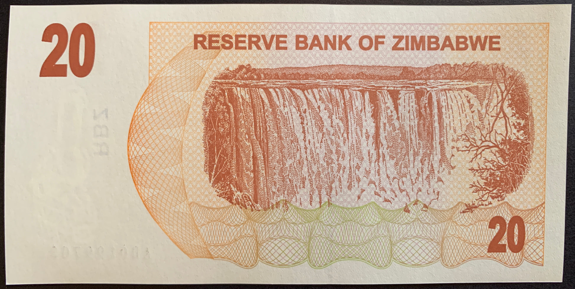 Zimbabwe 20 Dollars 2006 P-40 hyperinflationary bearers cheque with Victoria Falls (Mosi-oa-Tunya, The Smoke and Thunders) on Zambezi River