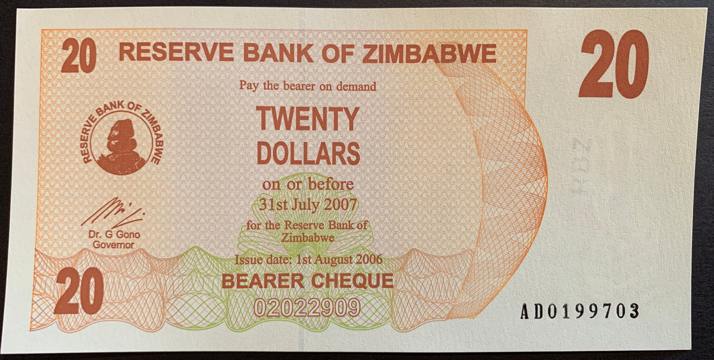 Zimbabwe 20 Dollars 2006 P-40 hyperinflation banknote