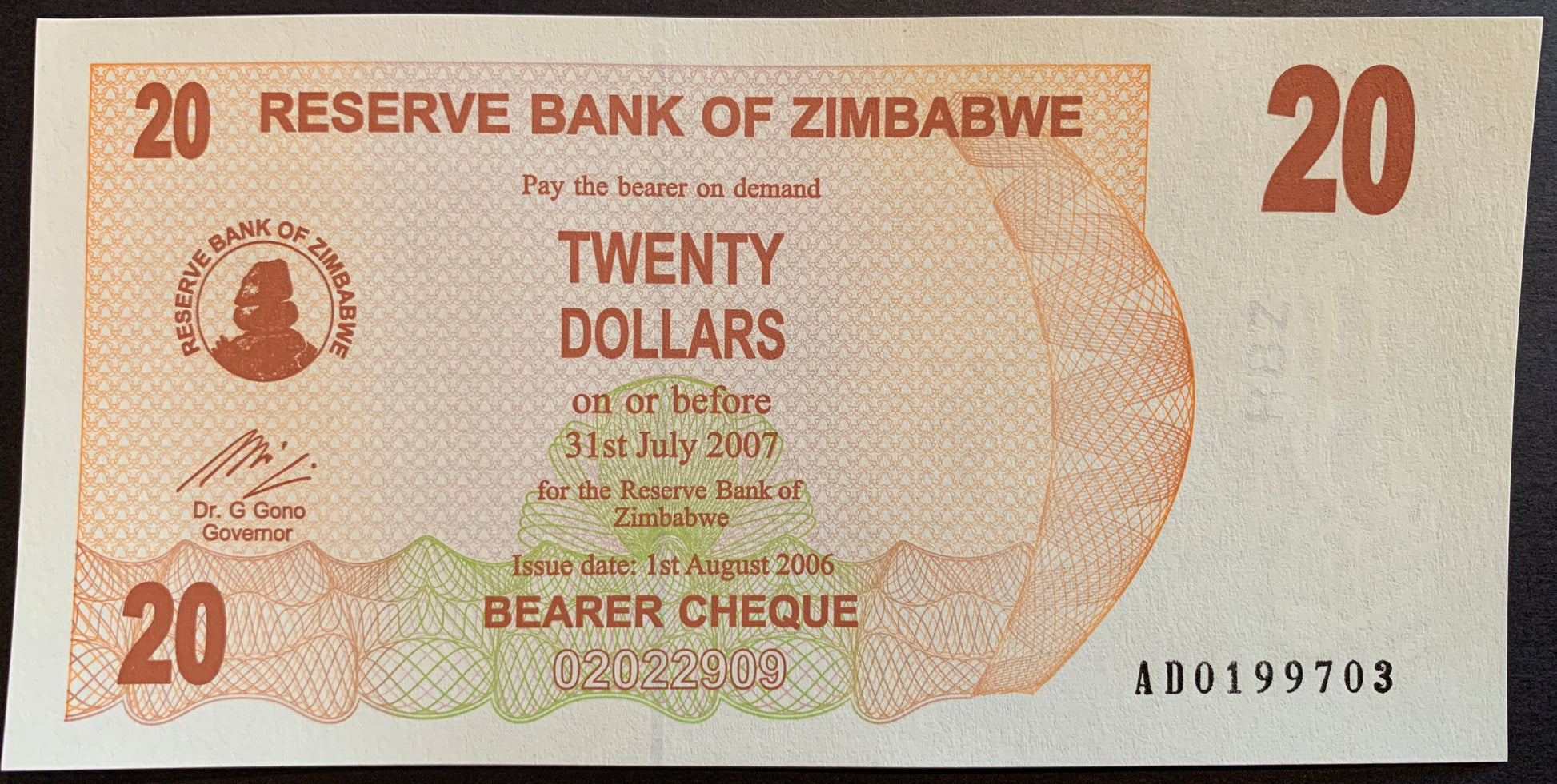 Zimbabwe 20 Dollars 2006 P-40 hyperinflation banknote