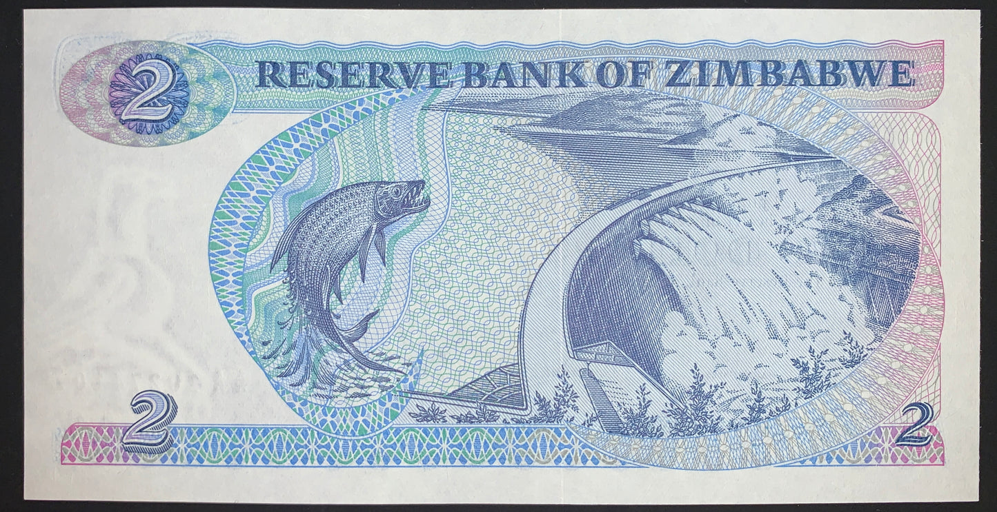 Zimbabwe 2 Dollars 1983 P-1 UNC african banknote with tigerfish and Kariba Dam on Zambezi River