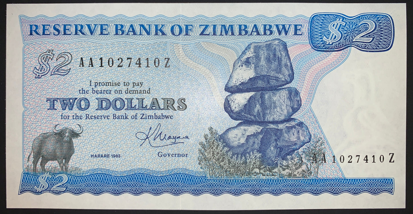 Zimbabwe 2 Dollars 1983 P-1 UNC african banknote with Chiremba Balancing Rocks in Matopos National Park, and Water Buffalo