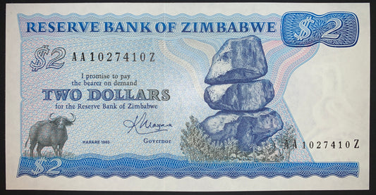 Zimbabwe 2 Dollars 1983 P-1 UNC african banknote with Chiremba Balancing Rocks in Matopos National Park, and Water Buffalo