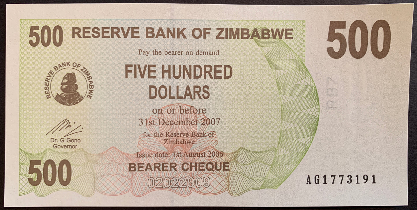 Zimbabwe 500 Dollars 2006 P-43 hyperinflation banknote