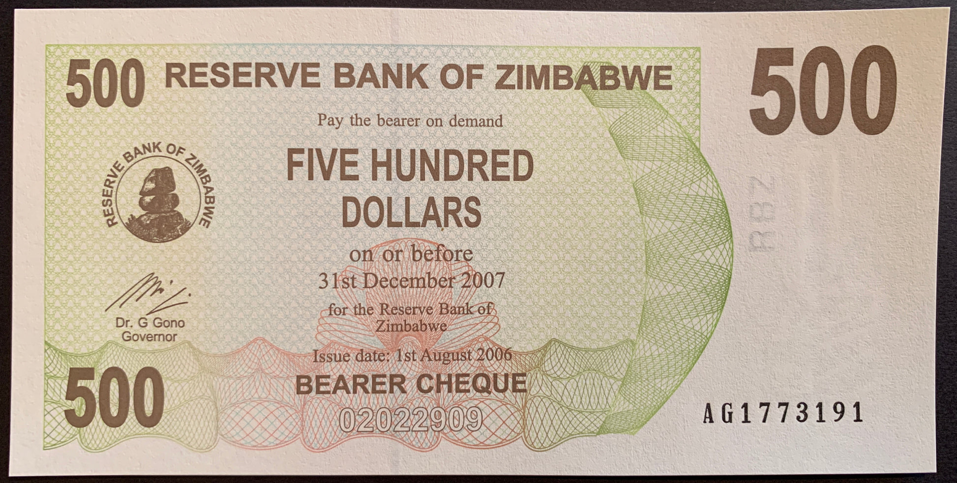 Zimbabwe 500 Dollars 2006 P-43 hyperinflation banknote