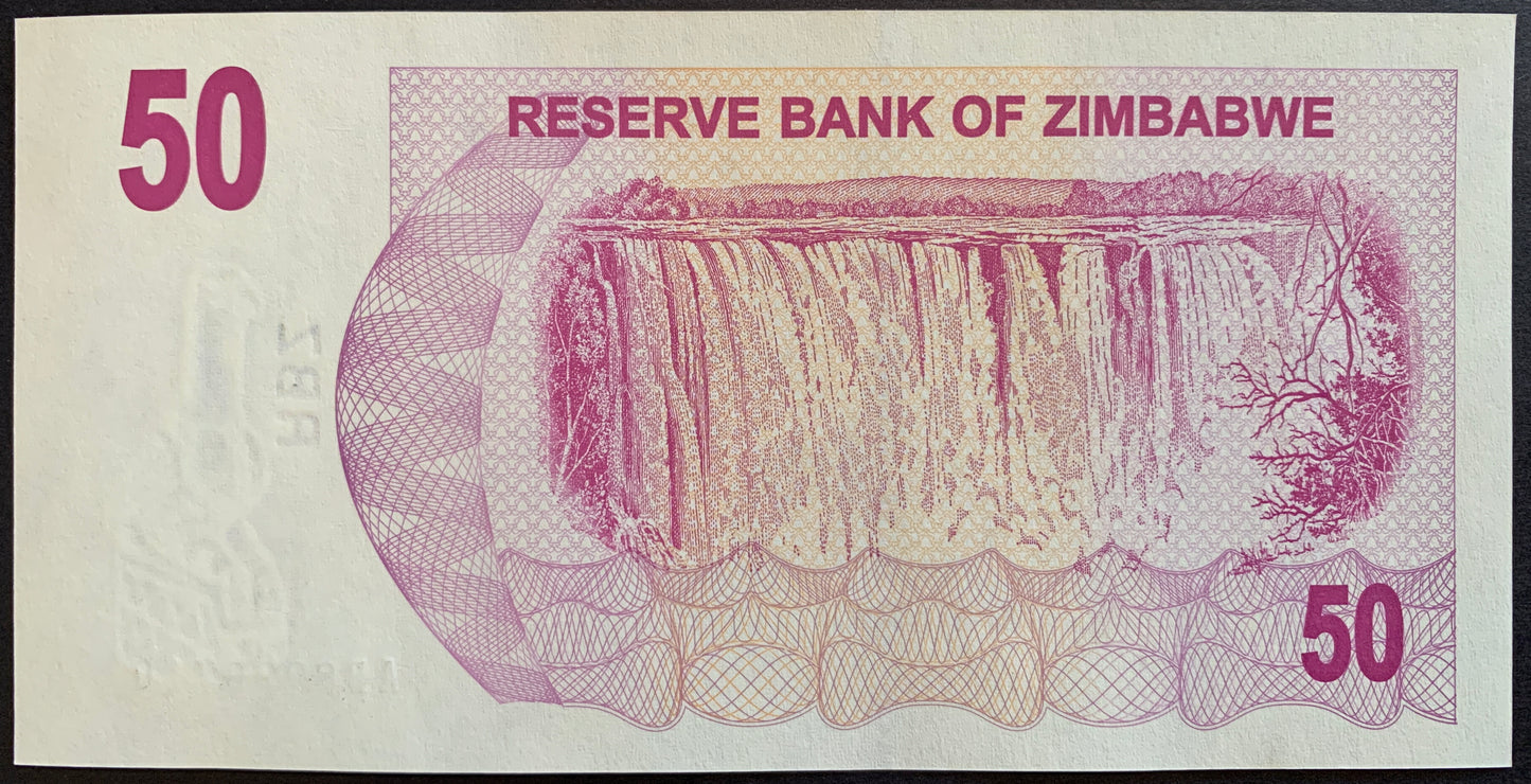 Zimbabwe 50 Dollars 2006 P-41 hyperinflationary bearers cheque with Victoria Falls (Mosi-oa-Tunya, The Smoke and Thunders) on Zambezi River