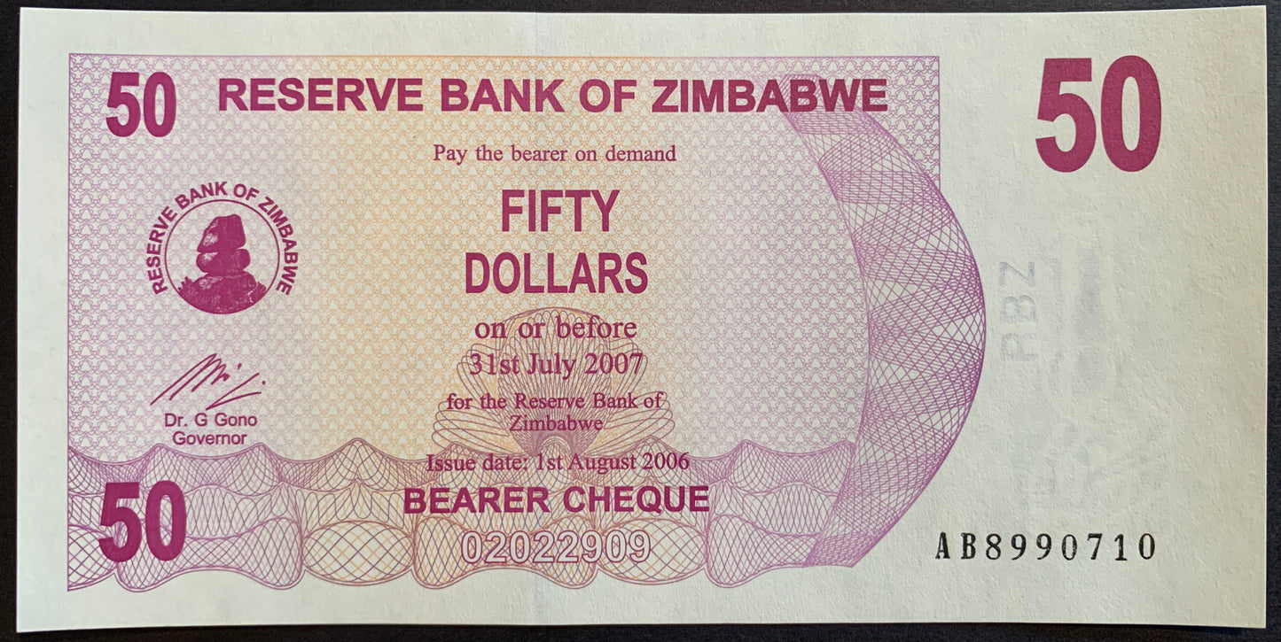 Zimbabwe 50 Dollars 2006 P-41 hyperinflation banknote