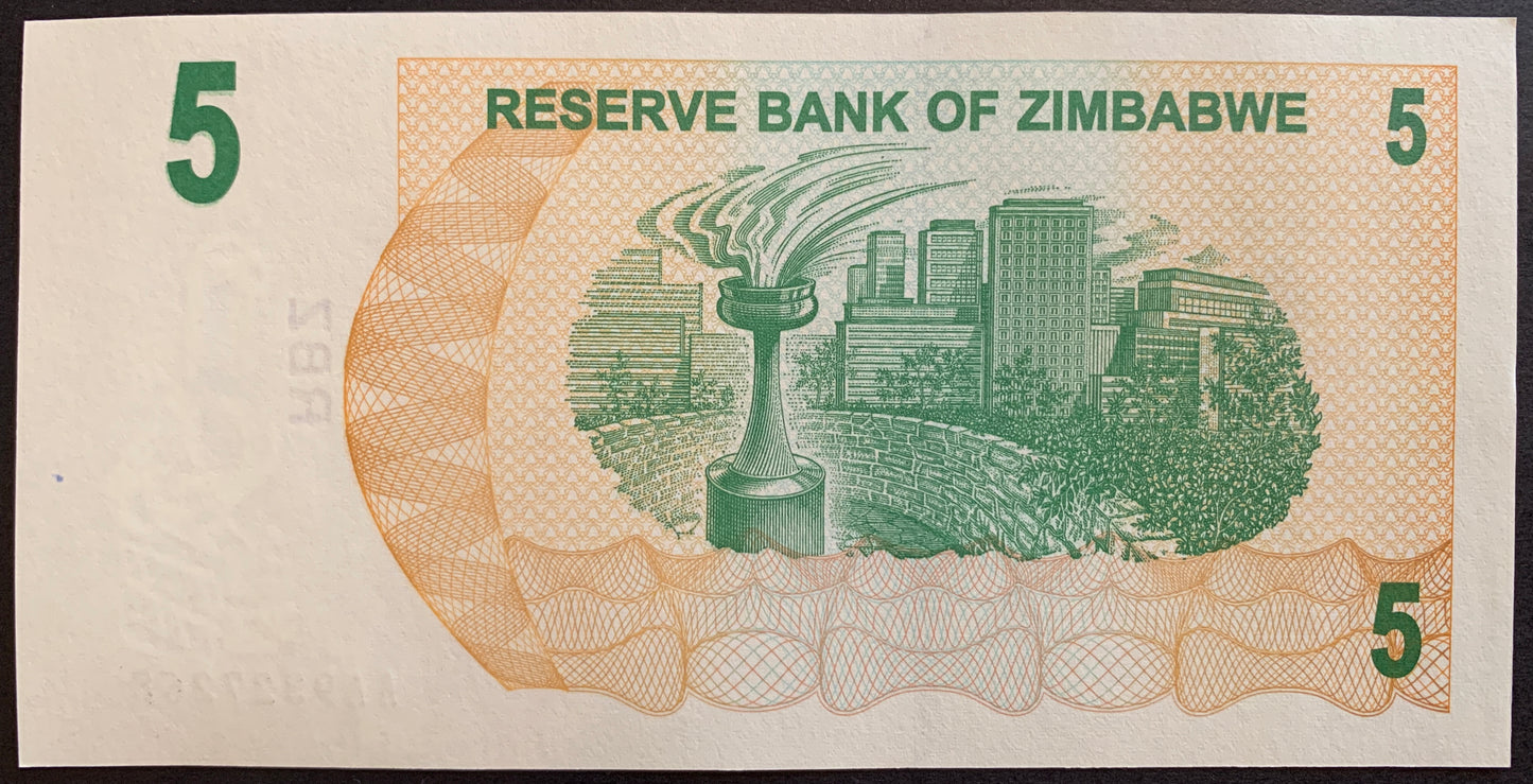 Zimbabwe 5 Dollars 2006 P-38 hyperinflationary bearers cheque with Freedom Flame Monument and View of Harare