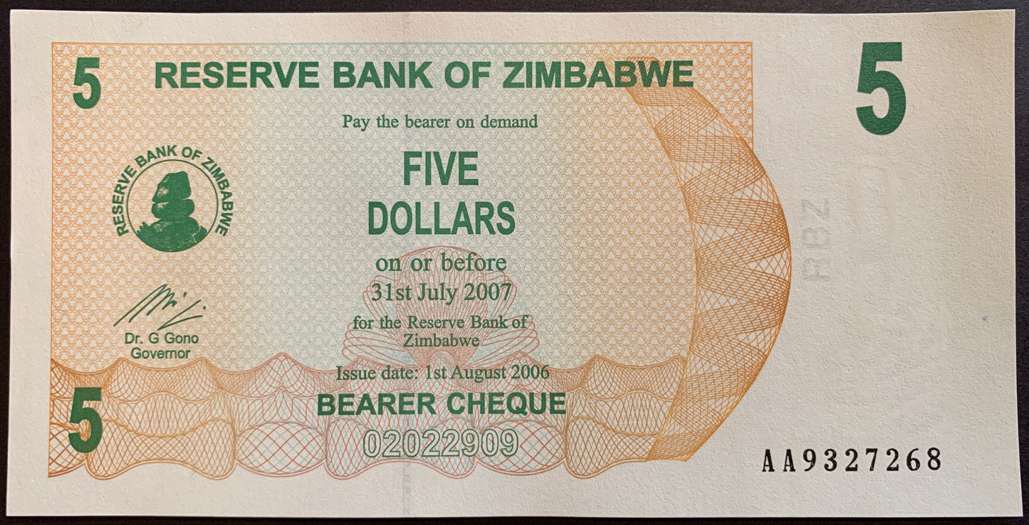 Zimbabwe 5 Dollars 2006 P-38 hyperinflation banknote beares cheque