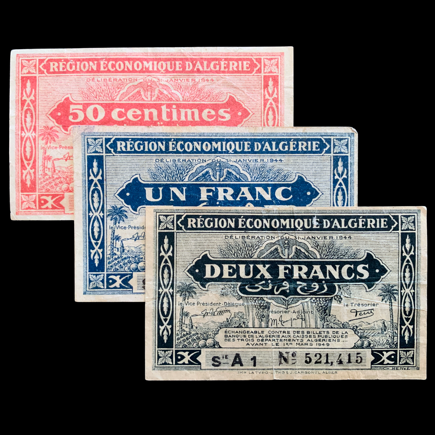 Three vintage Algerian currency notes displayed against a black background.