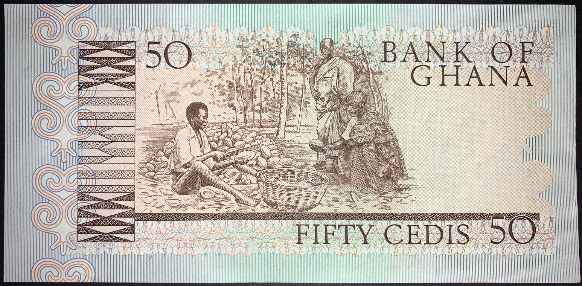 back of Ghana 50 Cedis 1980 P-22b collectible vintage african banknote with men harvesting cacao pods