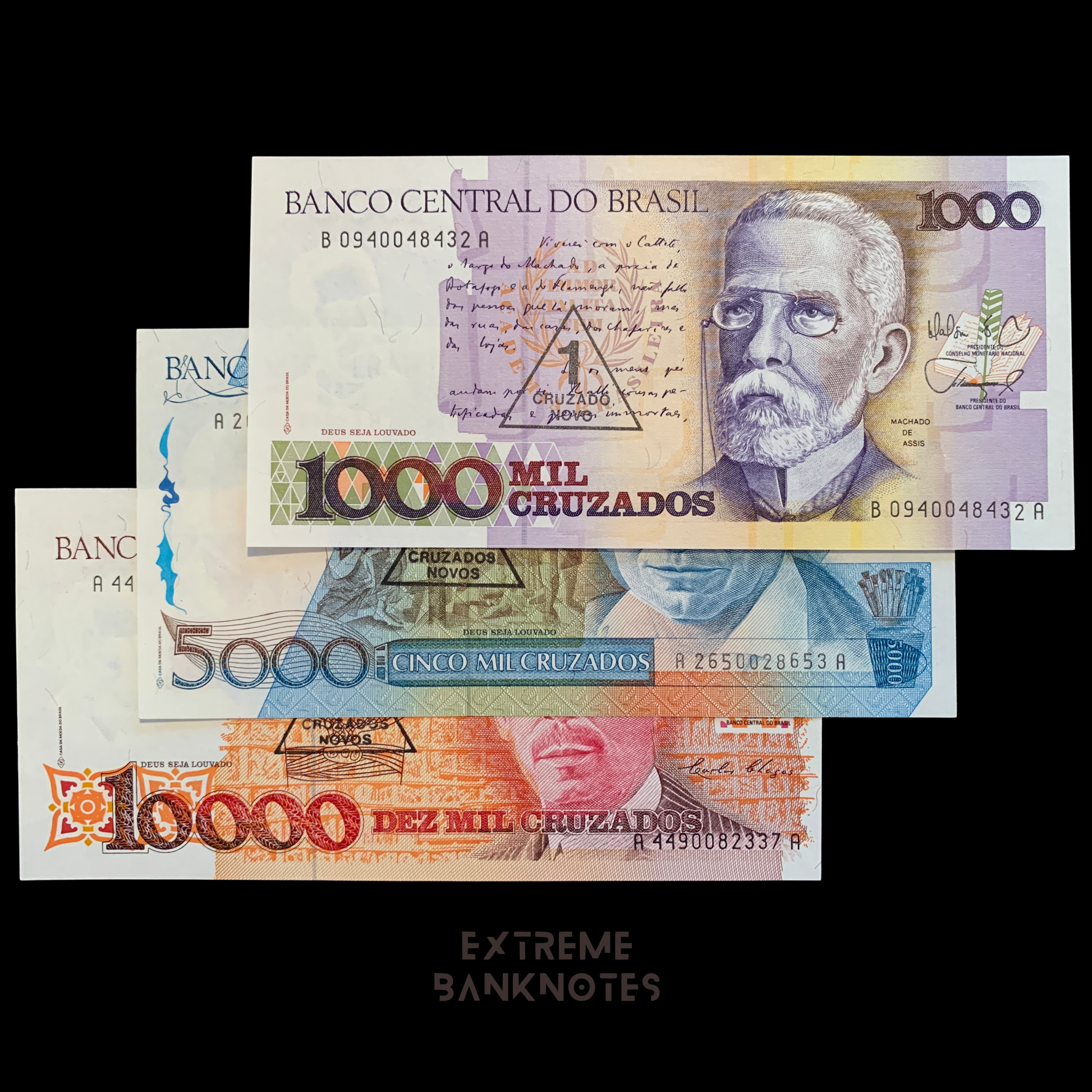 Bundle of Brazilian Cruzado Novo banknotes on black background