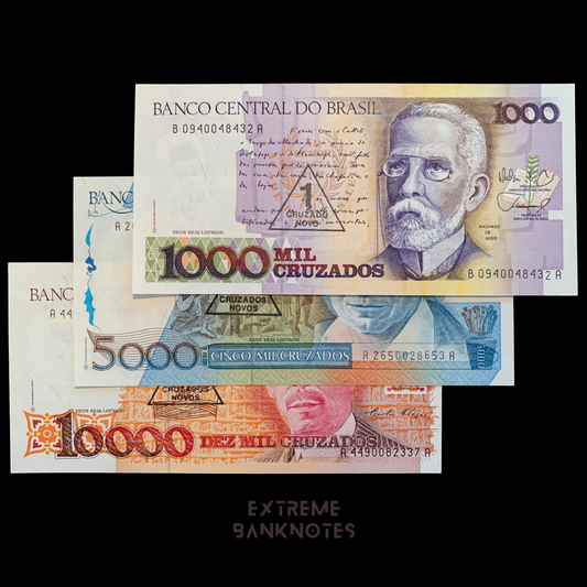 Bundle of Brazilian Cruzado Novo banknotes on black background