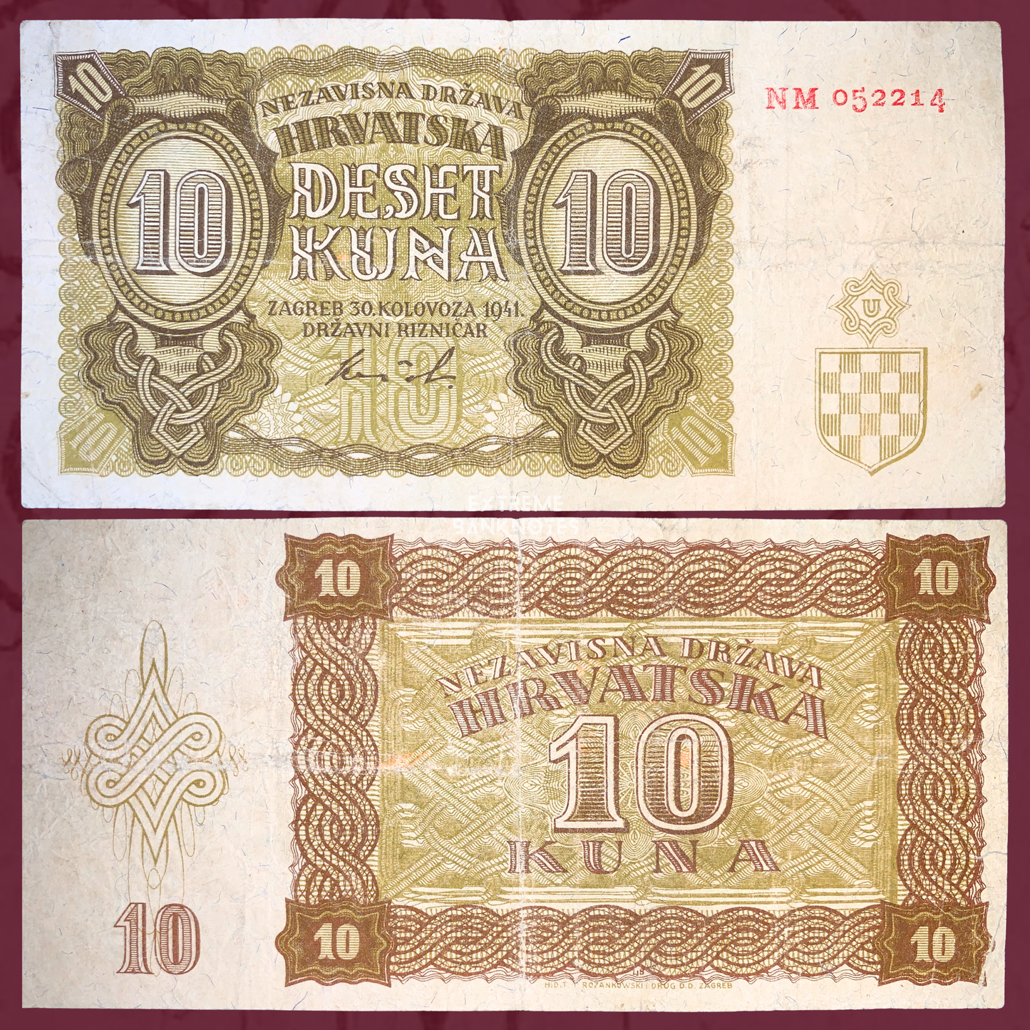 Croatia 10 Kuna 1941 banknote front and reverse from the Independent State of Croatia, featuring ornate guilloche patterns, Croatian checkerboard shield, and detailed security engraving