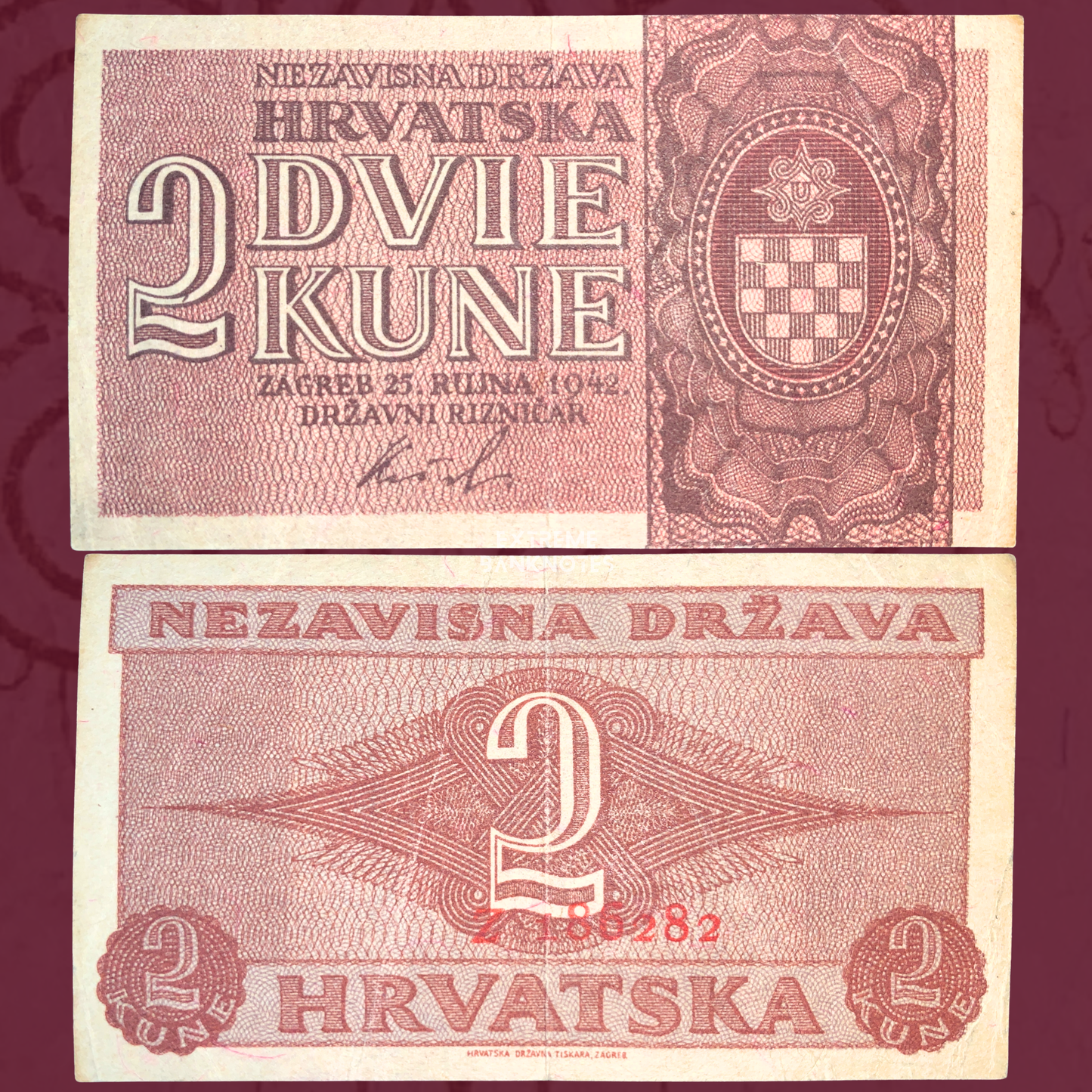 Croatia 2 Kune 1942 banknote front and reverse issued by the Independent State of Croatia, displaying large denomination text, Croatian coat of arms, and intricate geometric engraving