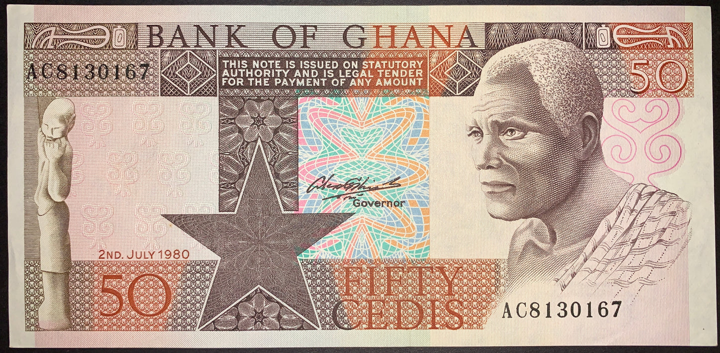 front of Ghana 50 Cedis 1980 P-22b collectible vintage african banknote with portrait of elderly man and statue