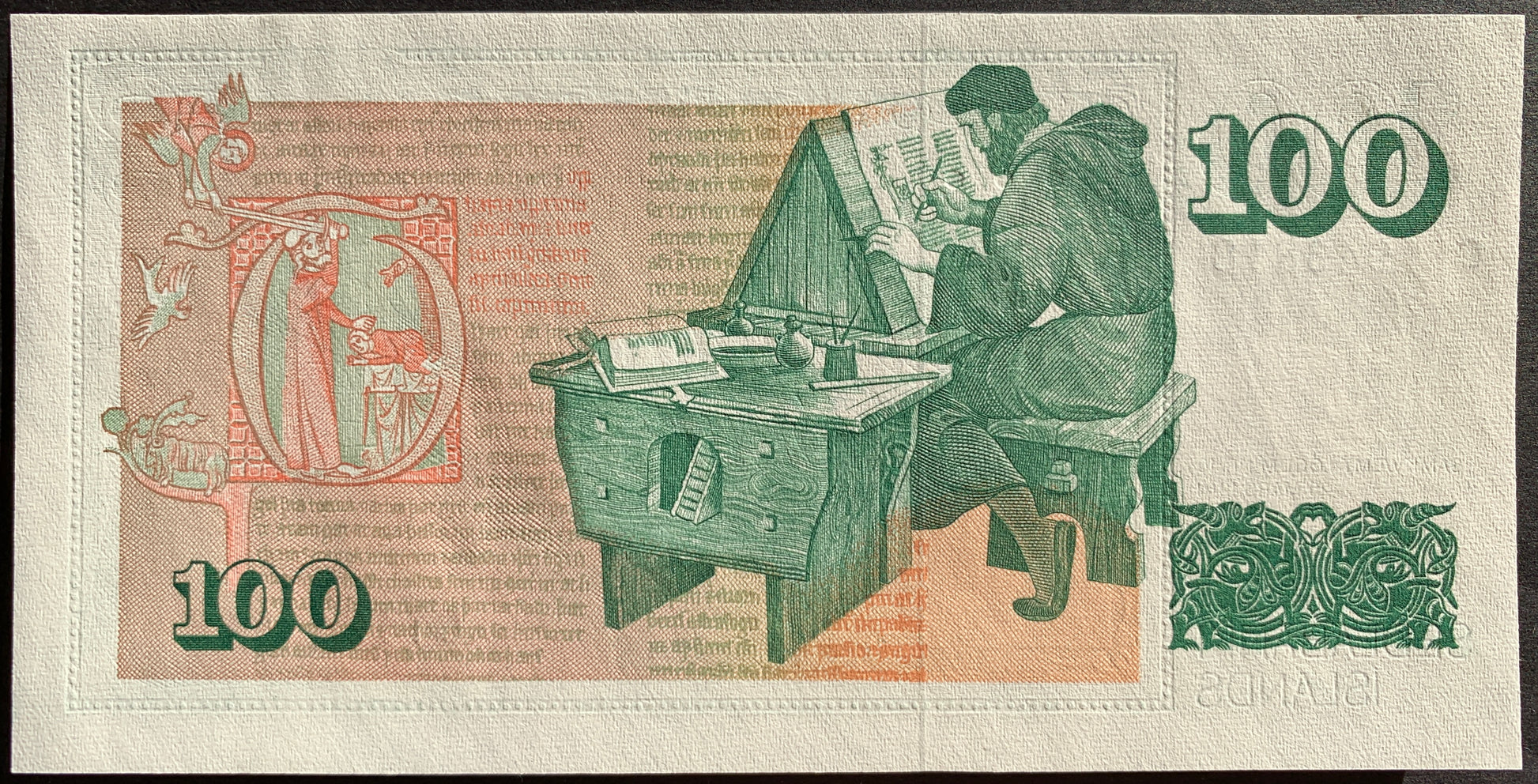 back of front of Iceland 100 Krónur ND (1981-1986) P-50 UNC  collectible banknote with Monk writing manuscript