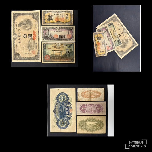 Japan 100 Yen & Sen 1938–1946 P-44 P-52 P-53 P-58a F-VF – WWII Bundle – all notes in the bundle