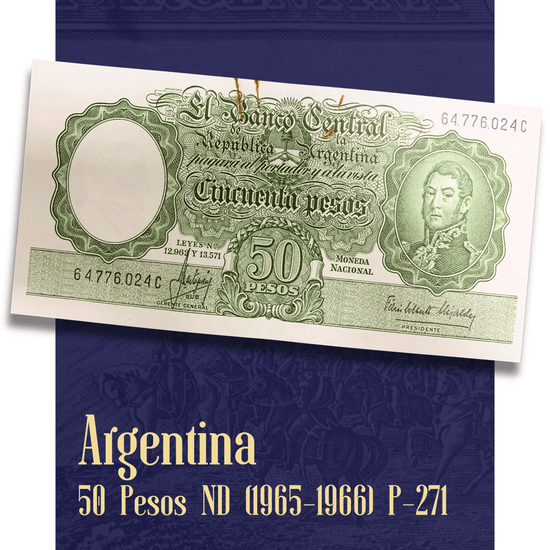 Video showcasing an authentic Argentina 50 Pesos Moneda Nacional banknote P-271a (ND 1965–1966). Detailed views of the obverse featuring José de San Martín and the reverse illustrating "El Paso de los Andes" by Augusto Ballerini. Highlights the intricate green engraving, historical artwork, denomination details, and overall condition of this vintage Argentine collectible banknote.