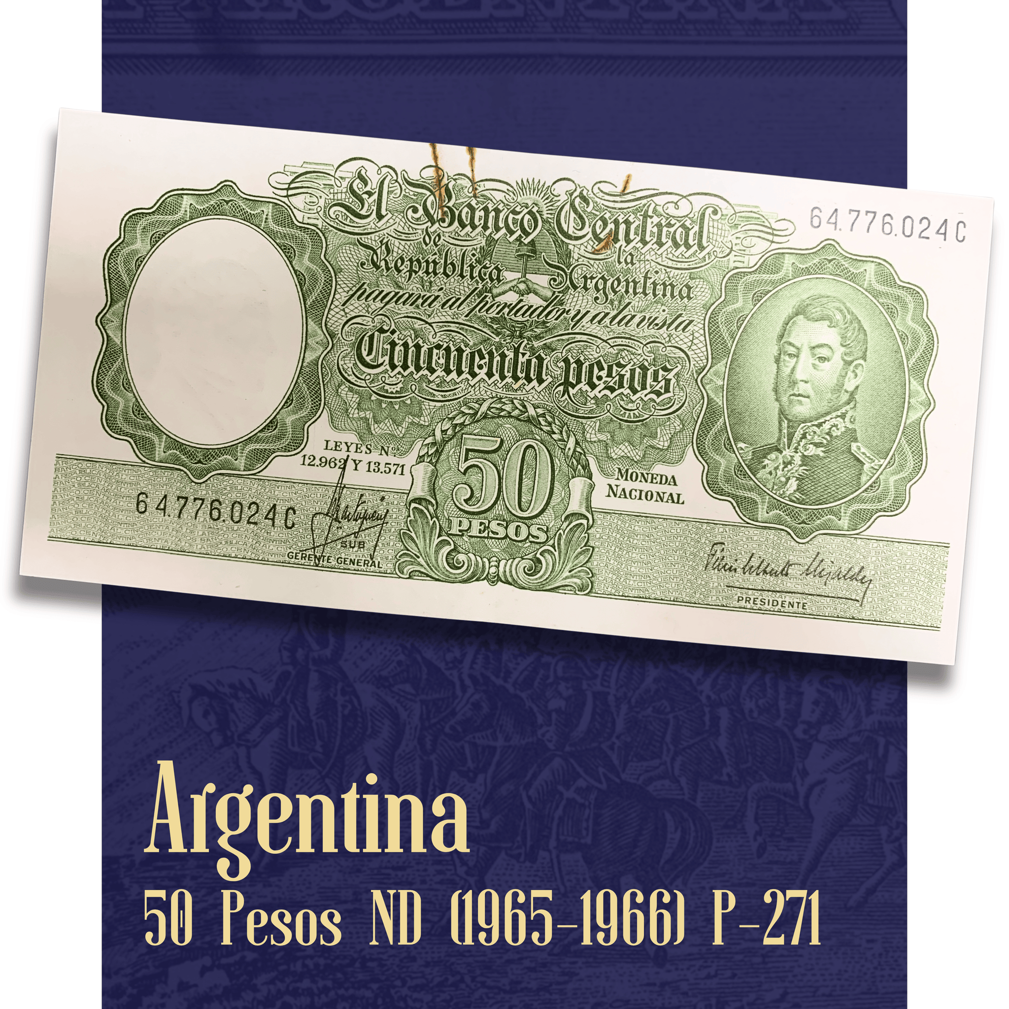 Video showcasing an authentic Argentina 50 Pesos Moneda Nacional banknote P-271a (ND 1965–1966). Detailed views of the obverse featuring José de San Martín and the reverse illustrating "El Paso de los Andes" by Augusto Ballerini. Highlights the intricate green engraving, historical artwork, denomination details, and overall condition of this vintage Argentine collectible banknote.