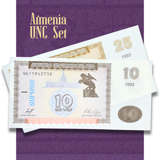 Armenia UNC banknote set featuring 10 and 25 Dram notes from 1993, displayed on a purple background with crisp uncirculated banknotes showcasing Armenia's first post-Soviet currency issue.