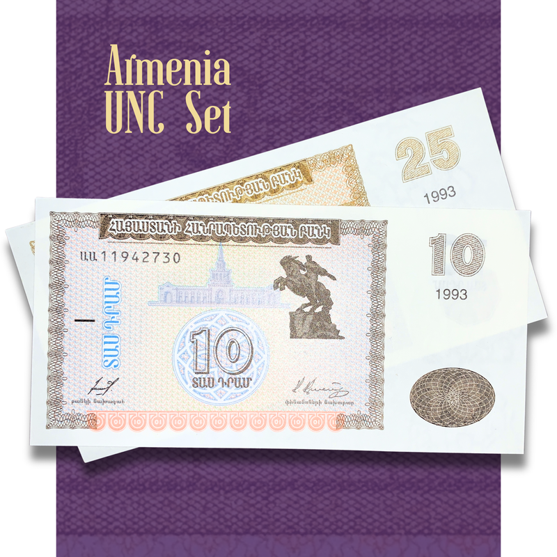 Armenia UNC banknote set featuring 10 and 25 Dram notes from 1993, displayed on a purple background with crisp uncirculated banknotes showcasing Armenia's first post-Soviet currency issue.