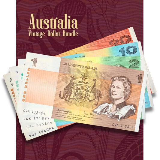 Australia Vintage Dollar Banknote Bundle featuring 1, 2, 10 and 20 Dollar notes, front and back views of collectible Australian paper currency set