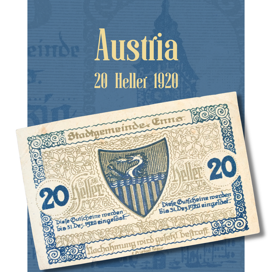 Austria 20 Heller 1920 Notgeld Banknote from Enns, Upper Austria emergency currency, historic Austrian local note collectible