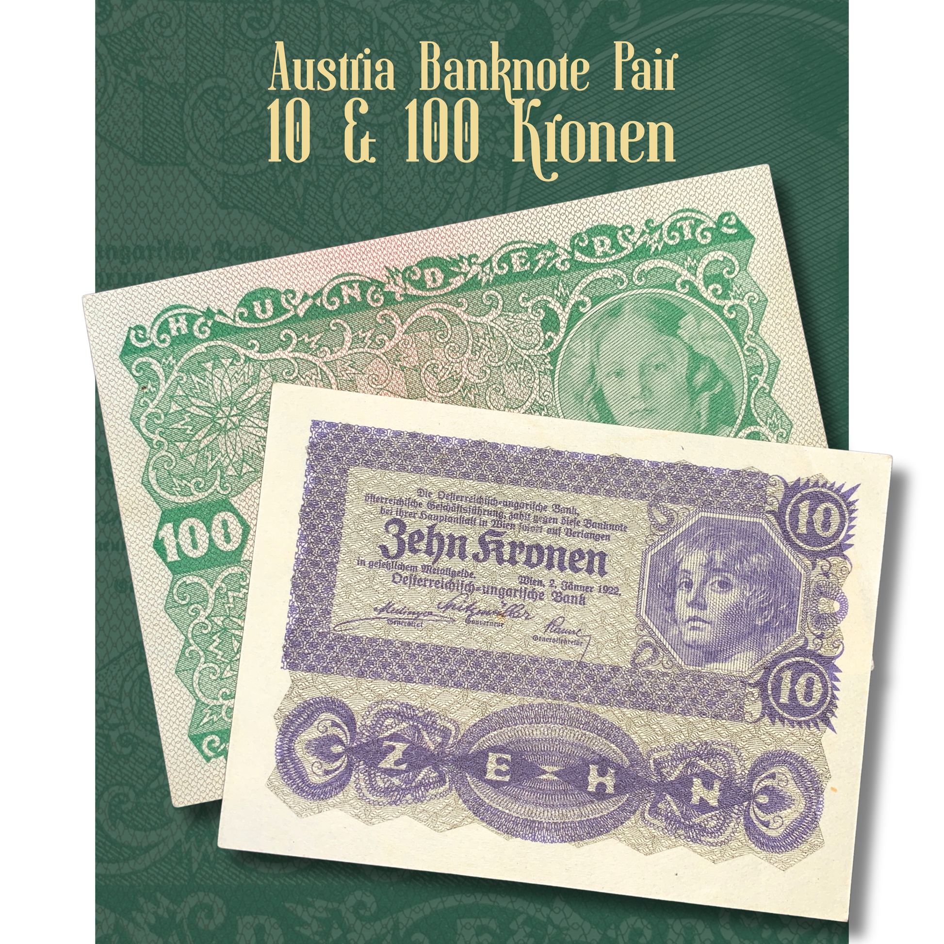 Video showcase of an authentic Austria banknote pair consisting of 10 Kronen and 100 Kronen notes issued in 1922 by the Austro-Hungarian Bank, displaying both front and back designs, intricate security engraving, classical portrait artwork, decorative guilloche patterns, and historical Austrian currency from the post-World War I period.