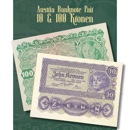 Video showcase of an authentic Austria banknote pair consisting of 10 Kronen and 100 Kronen notes issued in 1922 by the Austro-Hungarian Bank, displaying both front and back designs, intricate security engraving, classical portrait artwork, decorative guilloche patterns, and historical Austrian currency from the post-World War I period.