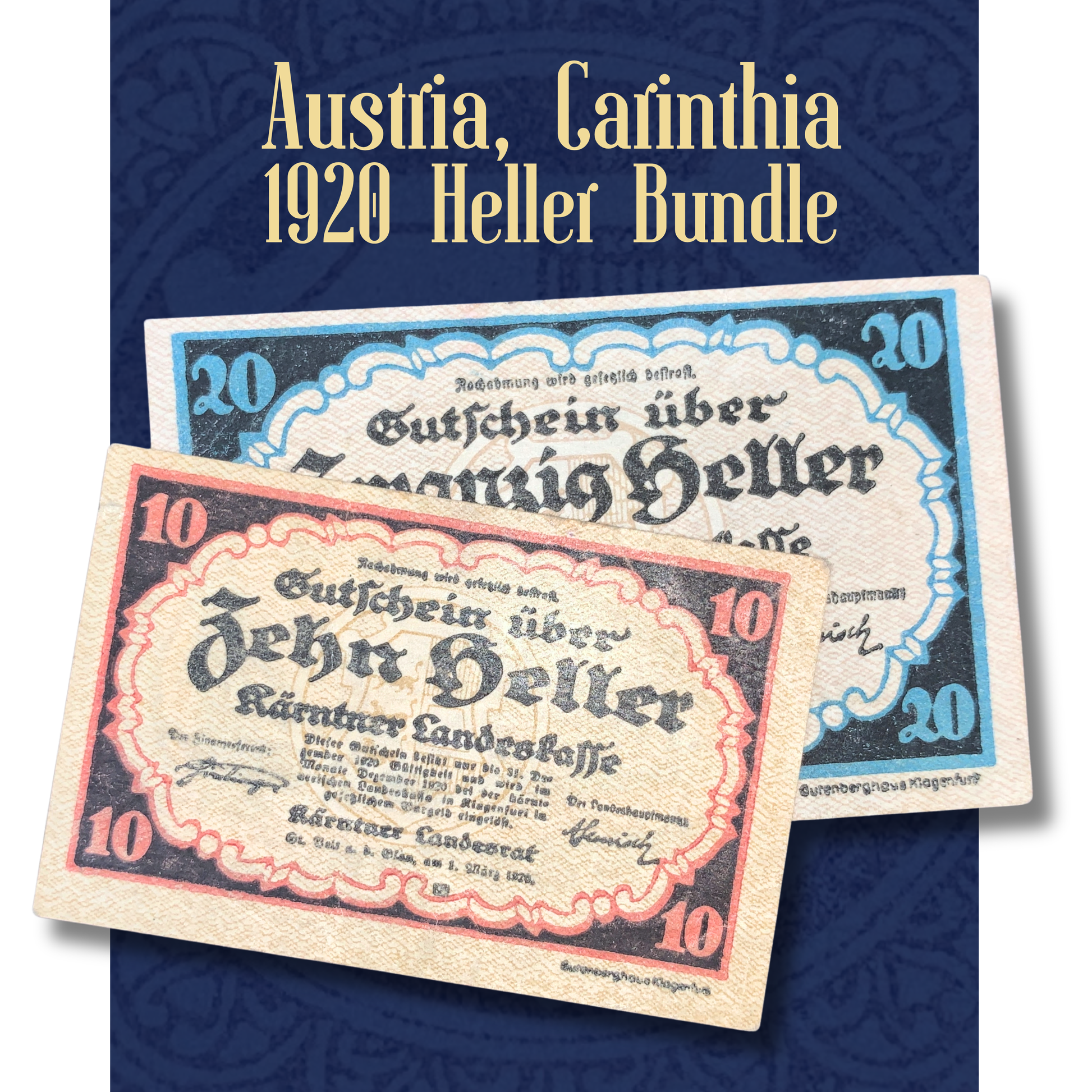 Video presentation of Austria Carinthia 1920 Heller banknote bundle featuring authentic 10 Heller and 20 Heller notgeld notes with close-up views of front and reverse designs, historical details, and collectible condition