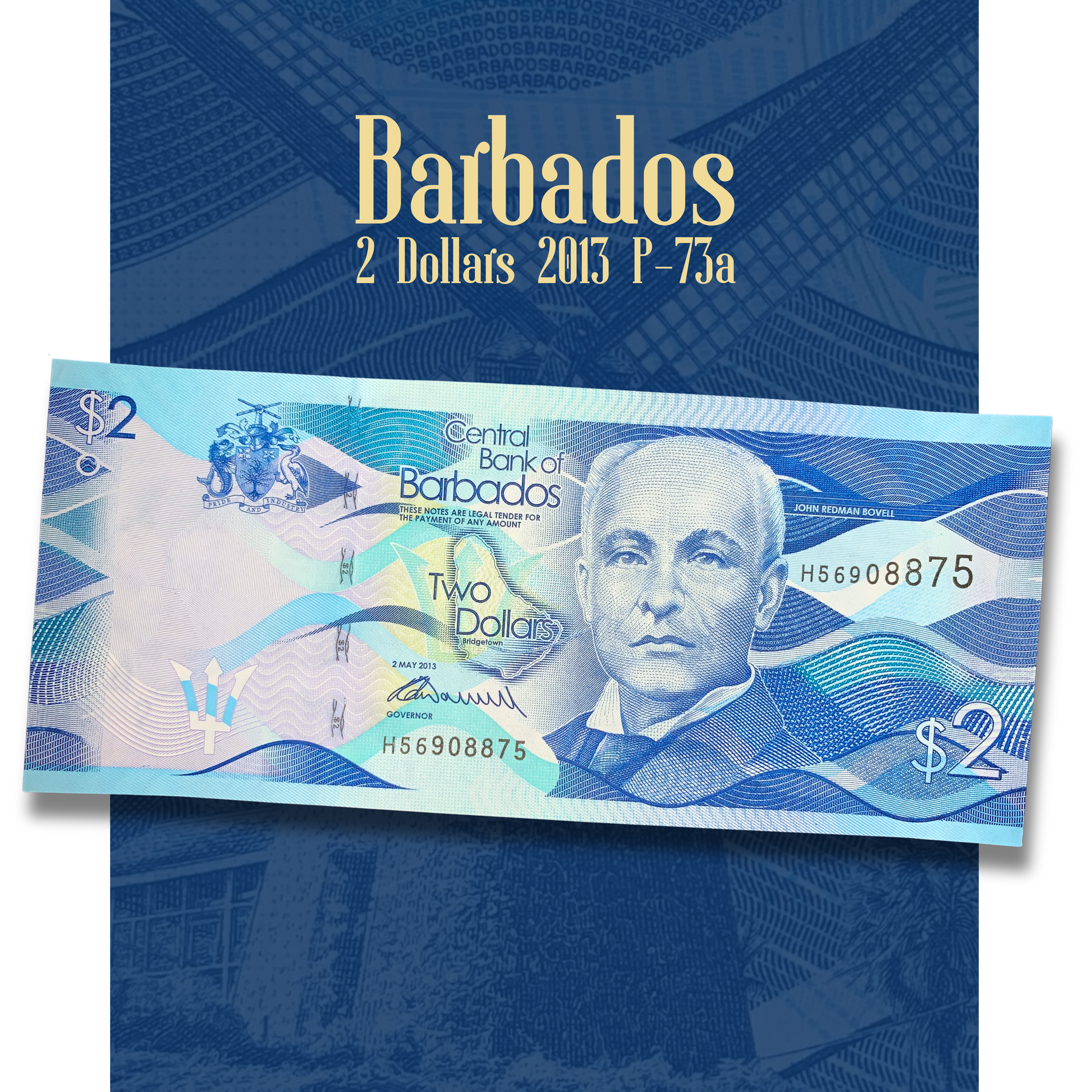 Video of Barbados 2 Dollars 2013 P-73a banknote displaying front and back views, John Redman Bovell portrait, Morgan Lewis Windmill, and collectible Caribbean paper money details
