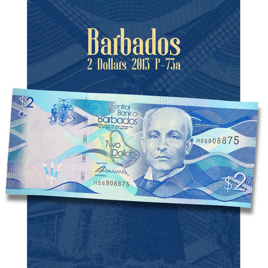 Video of Barbados 2 Dollars 2013 P-73a banknote displaying front and back views, John Redman Bovell portrait, Morgan Lewis Windmill, and collectible Caribbean paper money details