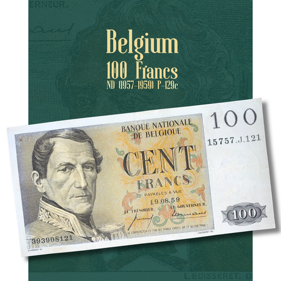 Authentic Belgium 100 Francs 1959 P-129c vintage banknote showcased in detail, featuring King Leopold I on the obverse and Walthère Frère-Orban with historic Belgian architecture on the reverse, collectible Belgian Franc paper currency issued by the National Bank of Belgium.