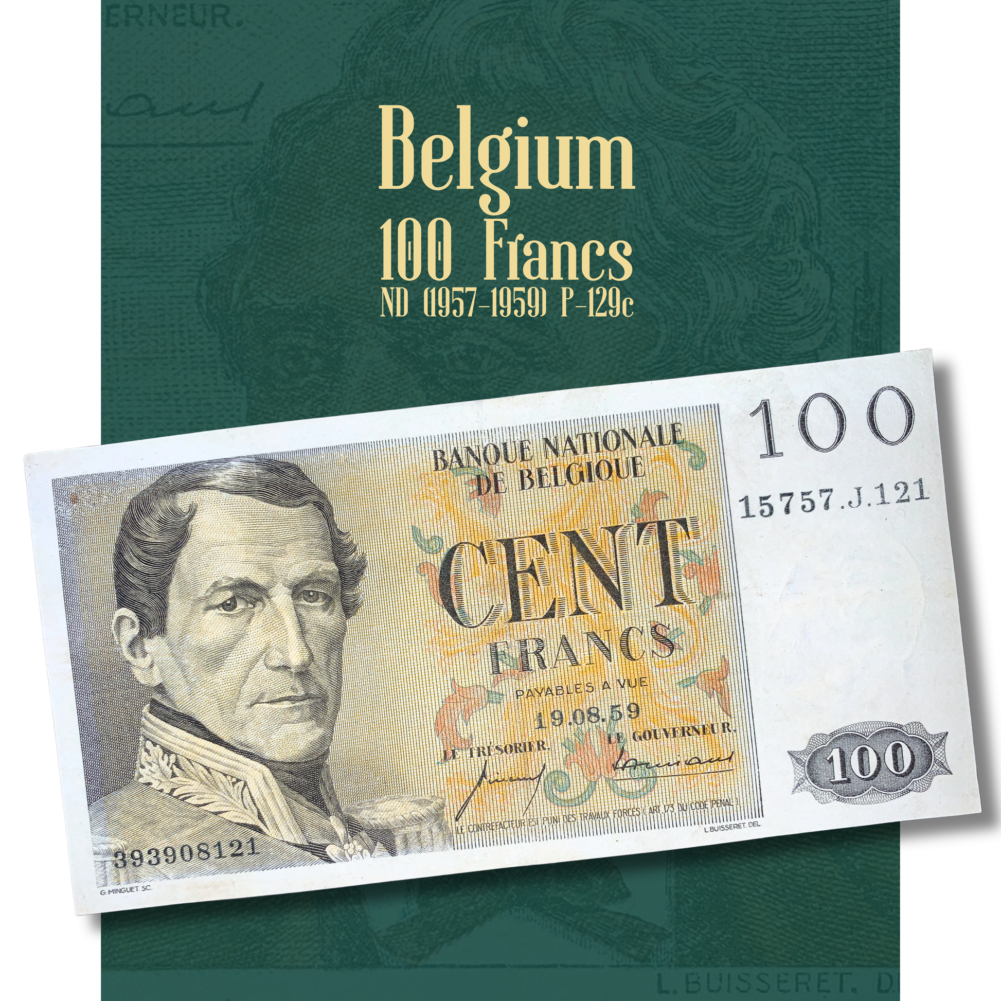 Authentic Belgium 100 Francs 1959 P-129c vintage banknote showcased in detail, featuring King Leopold I on the obverse and Walthère Frère-Orban with historic Belgian architecture on the reverse, collectible Belgian Franc paper currency issued by the National Bank of Belgium.