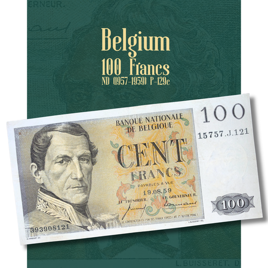 Authentic Belgium 100 Francs 1959 P-129c vintage banknote showcased in detail, featuring King Leopold I on the obverse and Walthère Frère-Orban with historic Belgian architecture on the reverse, collectible Belgian Franc paper currency issued by the National Bank of Belgium.