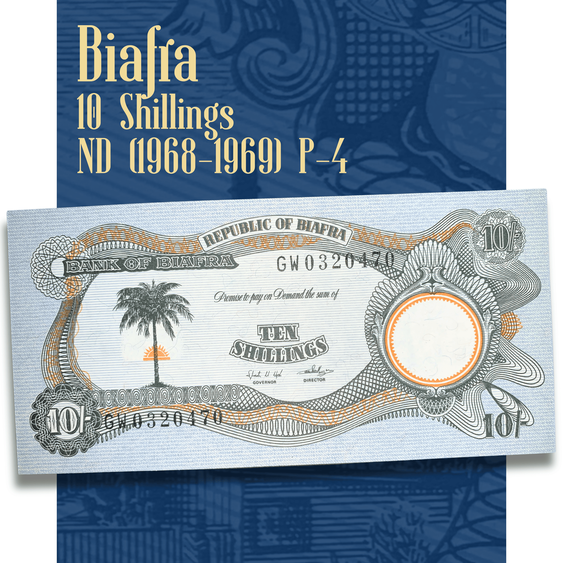 Video showcasing the authentic Biafra 10 Shillings banknote ND (1968–1969) P-4, highlighting both the obverse with palm tree and rising sun and the reverse with industrial refinery design, intricate engraving, and collectible condition.