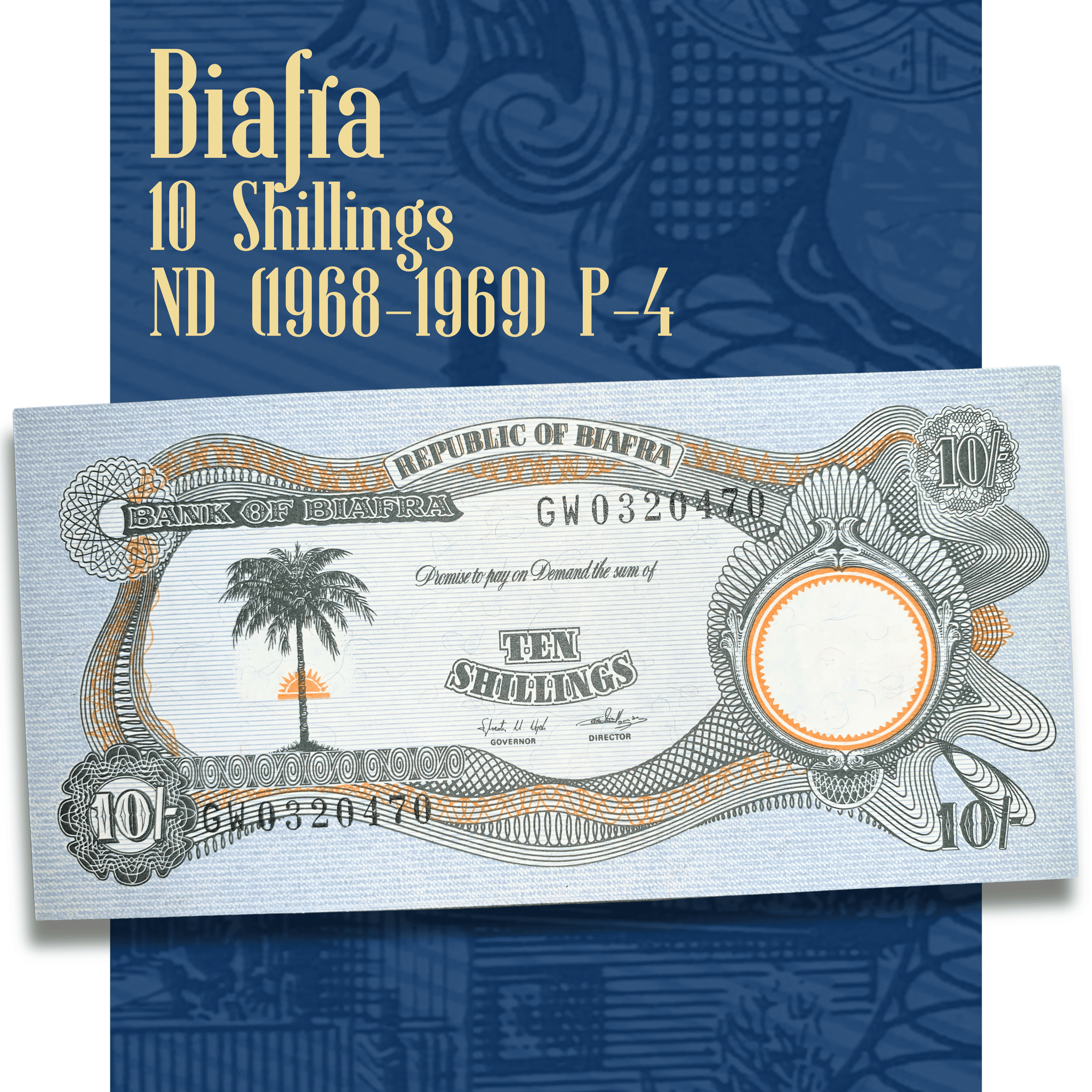 Video showcasing the authentic Biafra 10 Shillings banknote ND (1968–1969) P-4, highlighting both the obverse with palm tree and rising sun and the reverse with industrial refinery design, intricate engraving, and collectible condition.