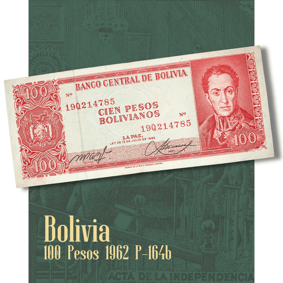 Video showcasing an authentic Bolivia 100 Pesos Bolivianos banknote, 1962 issue, Pick P-164b. Smooth close-up views highlight the portrait of Simón Bolívar, the historic Declaration of Independence scene on the reverse, intricate engraved artwork, vibrant red design, and the collectible condition of this classic Banco Central de Bolivia banknote.