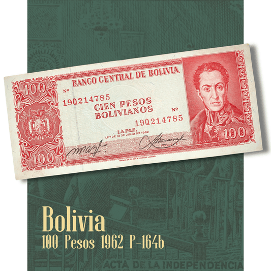 Video showcasing an authentic Bolivia 100 Pesos Bolivianos banknote, 1962 issue, Pick P-164b. Smooth close-up views highlight the portrait of Simón Bolívar, the historic Declaration of Independence scene on the reverse, intricate engraved artwork, vibrant red design, and the collectible condition of this classic Banco Central de Bolivia banknote.