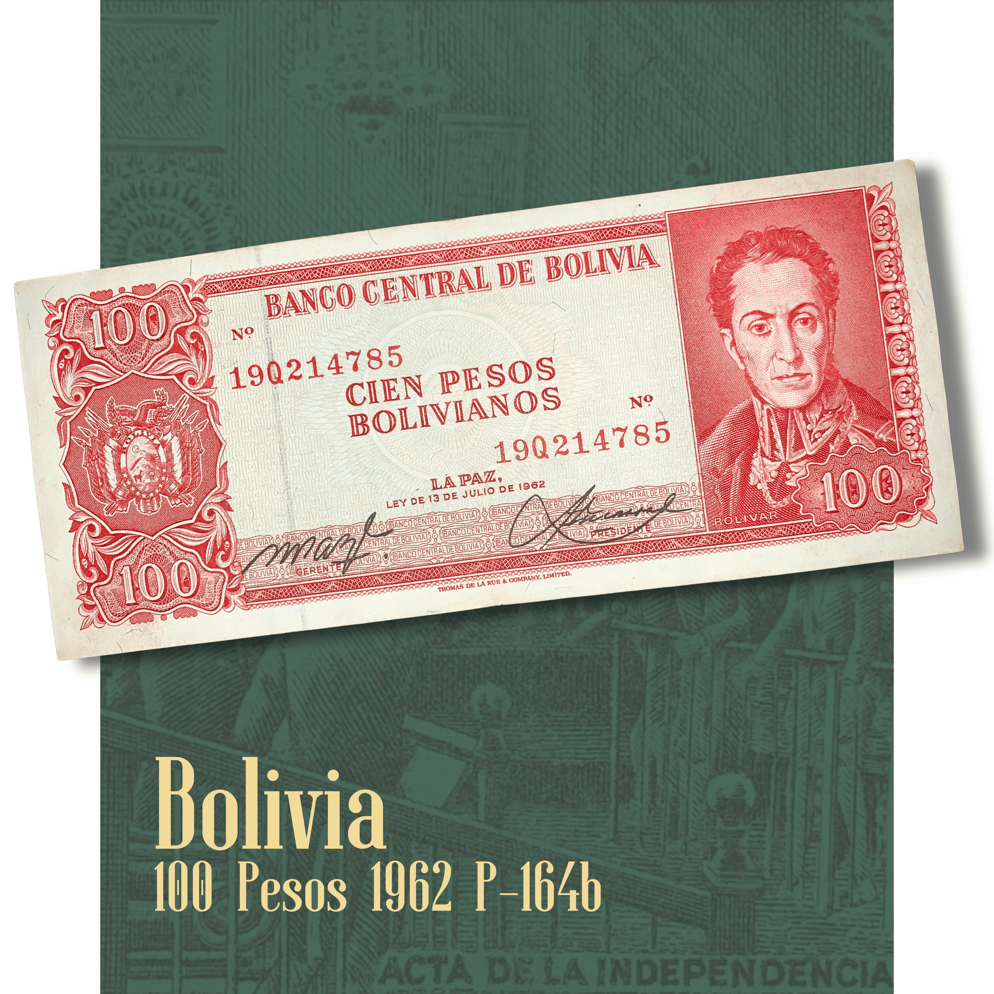 Video showcasing an authentic Bolivia 100 Pesos Bolivianos banknote, 1962 issue, Pick P-164b. Smooth close-up views highlight the portrait of Simón Bolívar, the historic Declaration of Independence scene on the reverse, intricate engraved artwork, vibrant red design, and the collectible condition of this classic Banco Central de Bolivia banknote.