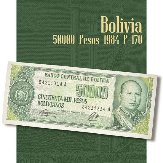 Video showcasing an authentic Bolivia 50,000 Pesos Bolivianos banknote dated 5 June 1984, Pick P-170. Smooth close-up views highlight the portrait of President Gualberto Villarroel, the petroleum refinery on the reverse, intricate engraving, vibrant green design, and collectible condition.