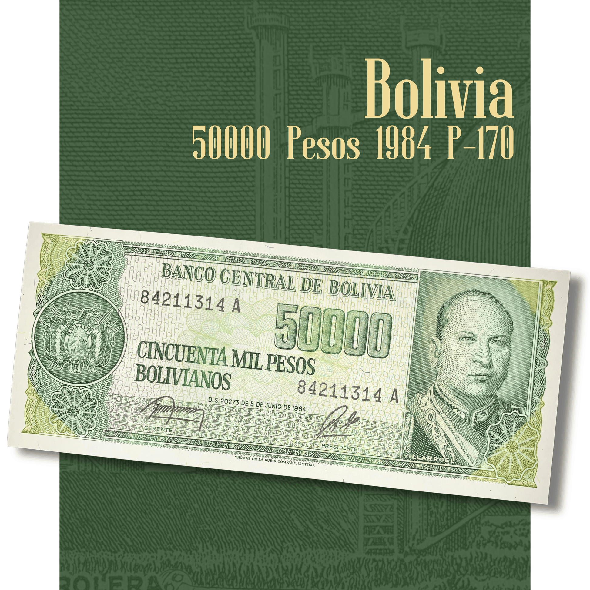 Video showcasing an authentic Bolivia 50,000 Pesos Bolivianos banknote dated 5 June 1984, Pick P-170. Smooth close-up views highlight the portrait of President Gualberto Villarroel, the petroleum refinery on the reverse, intricate engraving, vibrant green design, and collectible condition.