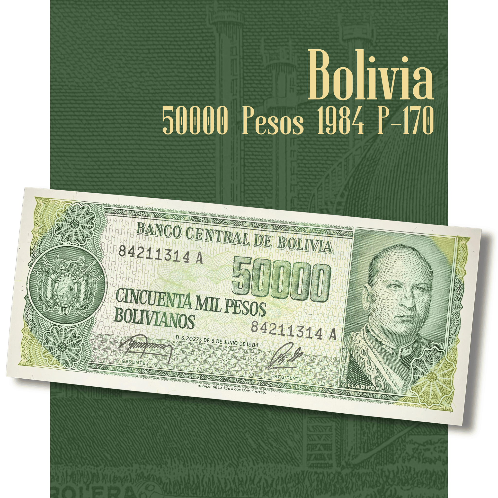 Video showcasing an authentic Bolivia 50,000 Pesos Bolivianos banknote dated 5 June 1984, Pick P-170. Smooth close-up views highlight the portrait of President Gualberto Villarroel, the petroleum refinery on the reverse, intricate engraving, vibrant green design, and collectible condition.