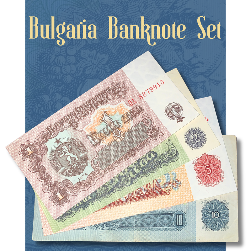 Rotating video showcasing an authentic Bulgaria banknote set featuring 1, 2, 5, and 10 Leva banknotes issued during the 1962–1974 series, with detailed views of the obverse and reverse, colorful engraved designs, socialist-era emblems, landmarks, and circulated condition.