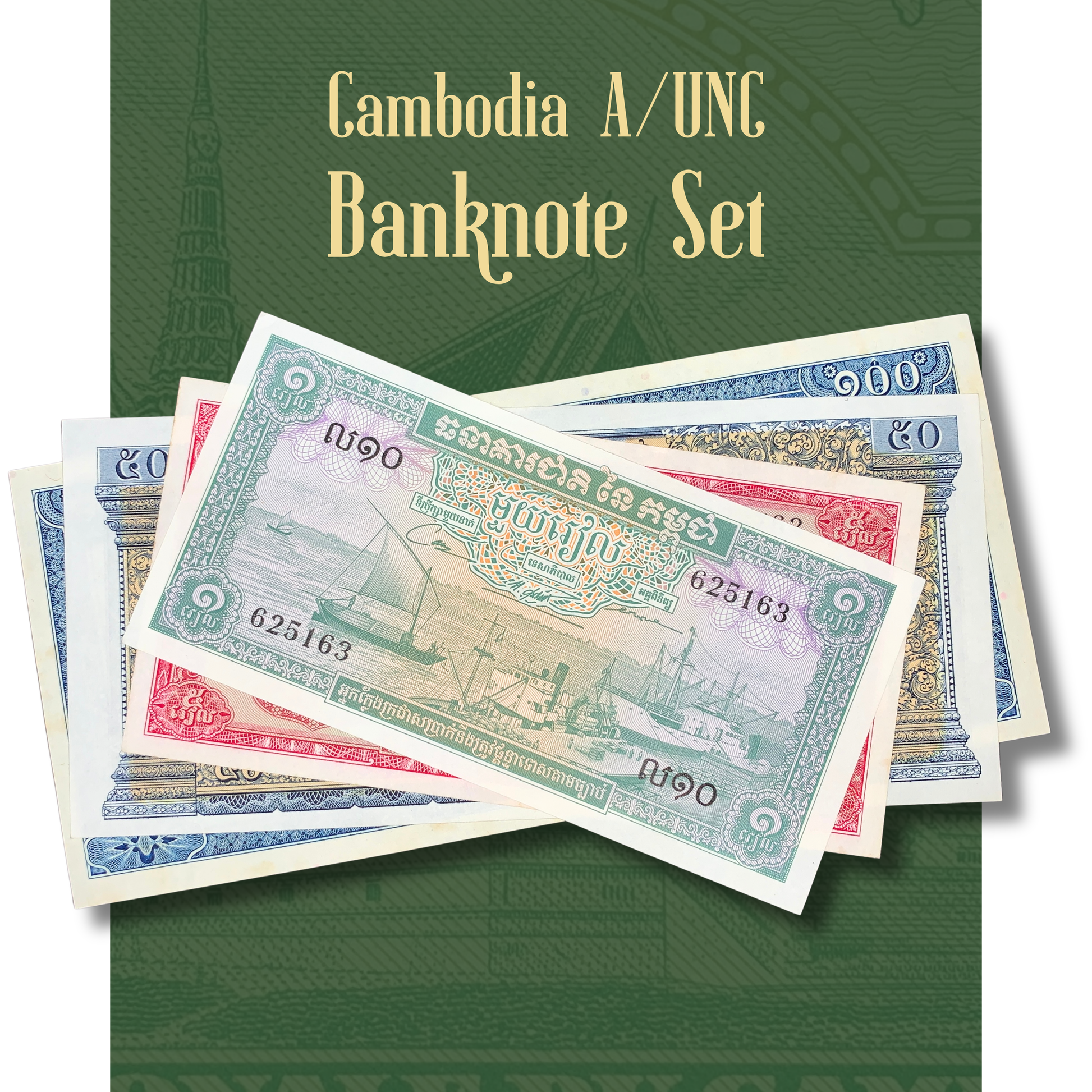 Video showcasing Cambodia A/UNC banknote collection including 1, 5, 50 and 100 Riels notes, authentic vintage Cambodian currency with intricate Khmer artwork and historic designs.